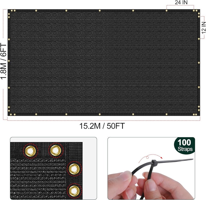 phepetroll 6 x 50FT Privacy Screen Fence Black Heavy Duty Mesh Fencing Shade Net Cover with Reinforced Bindings 100 Straps for Outdoor Chain Link Fence Patio Wall Garden Backyard, Black - Image 2
